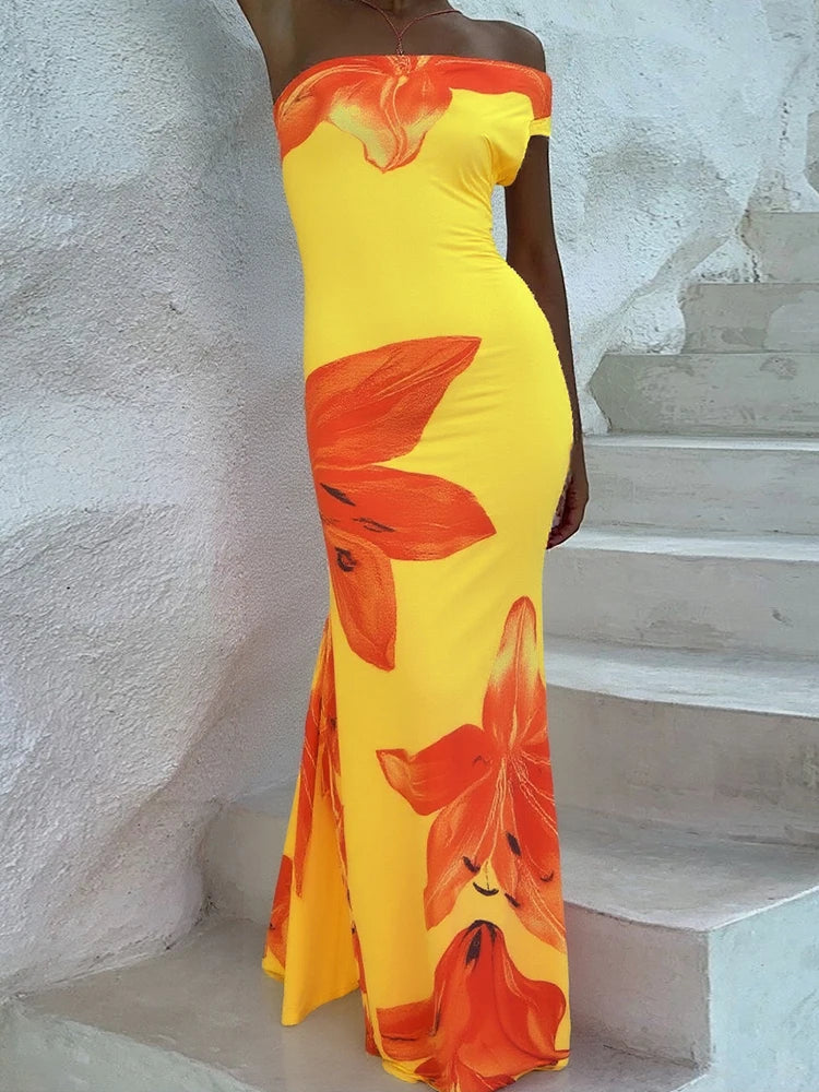 Incline Shoulder Dress Panell Sleevele Maxi Bodycon