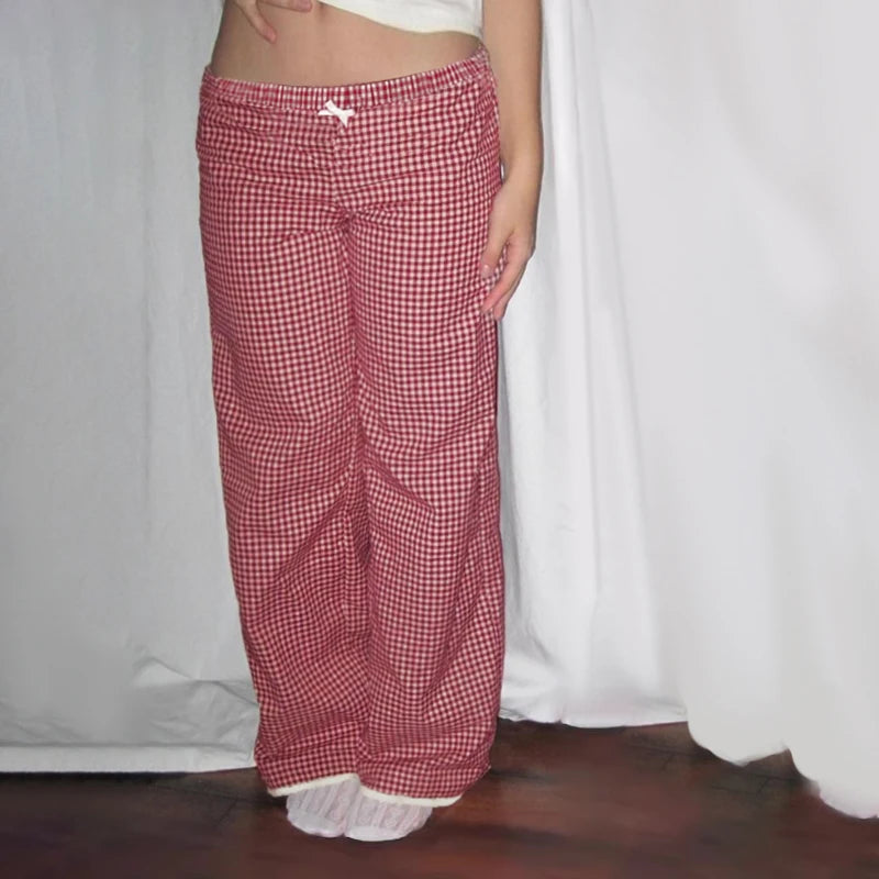 Plaid Straight Pant Lace Patchwork Bow Baggy Trouer Jogger Bottom