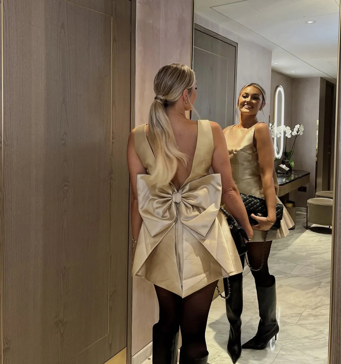 Satin Backless Bow Dress Gold Square Collar A-line Mini Dress Slim Dresses