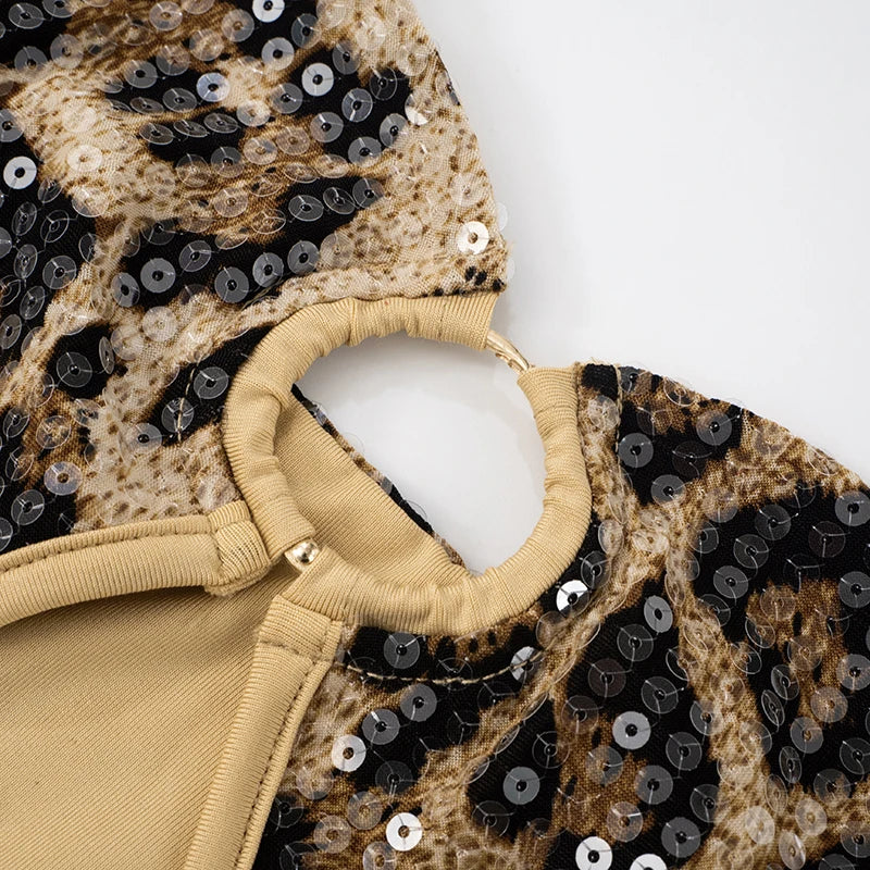 Leopard Sequins strapless Iron Ring Hollow Out Dew Backpack Hip Slim Dress