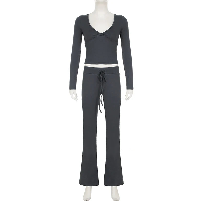 V-neck Top Full Length Pants Drawstring Suits Simple Slim Long Sleeves Low Waist
