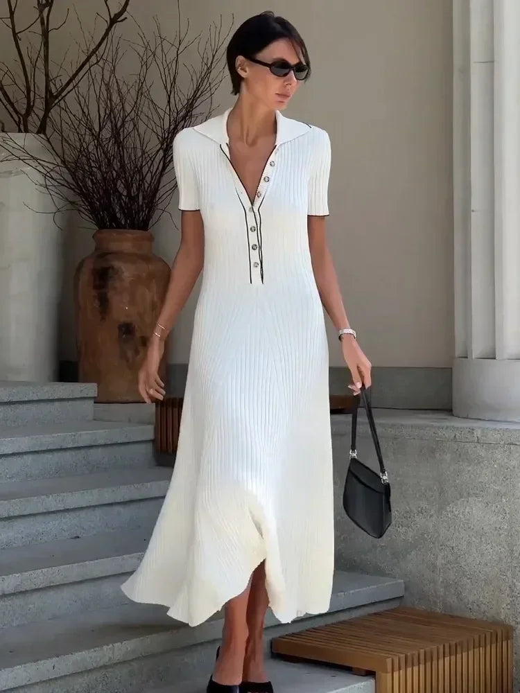 White Knit Maxi Dress Short Sleeve Patchwork Dress Lapel High Waist Knit Dress