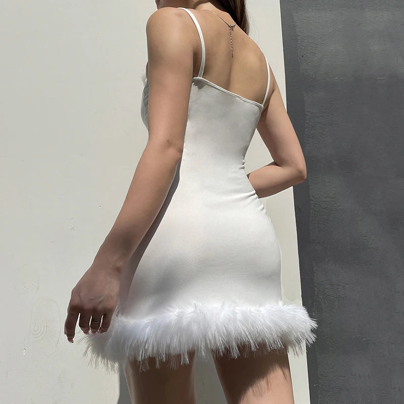 Strap Sleeveless Dress A-Line sweet White Mini V-Neck Lace-up Hairball Dress