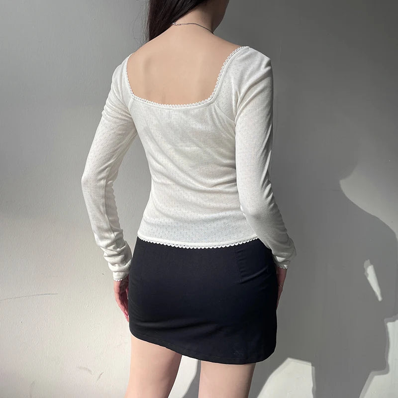 Square Collar Slim Folds Tee Shirts Long Sleeves s Lace Knitted Bow 's Top
