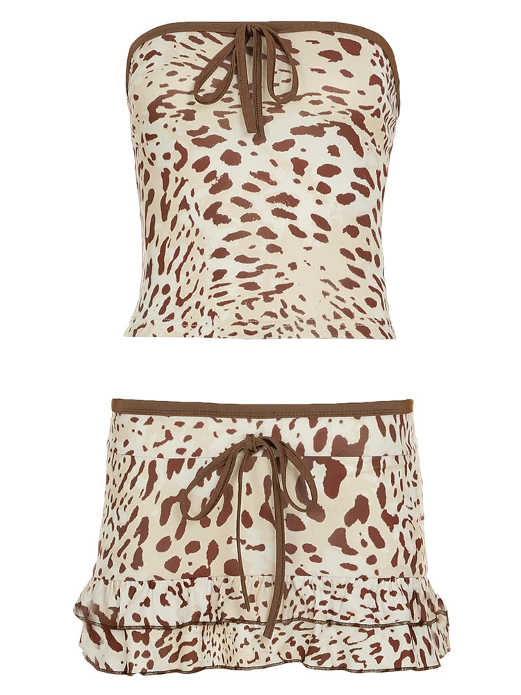 Leopard print Two Pieces of Sets 's Lace-up Camisole and Mini Skirts