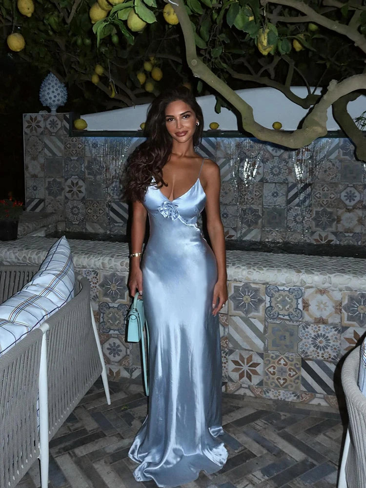 Applique Silky Dress Low-Neck Backless Sleeveless Ruched Robe