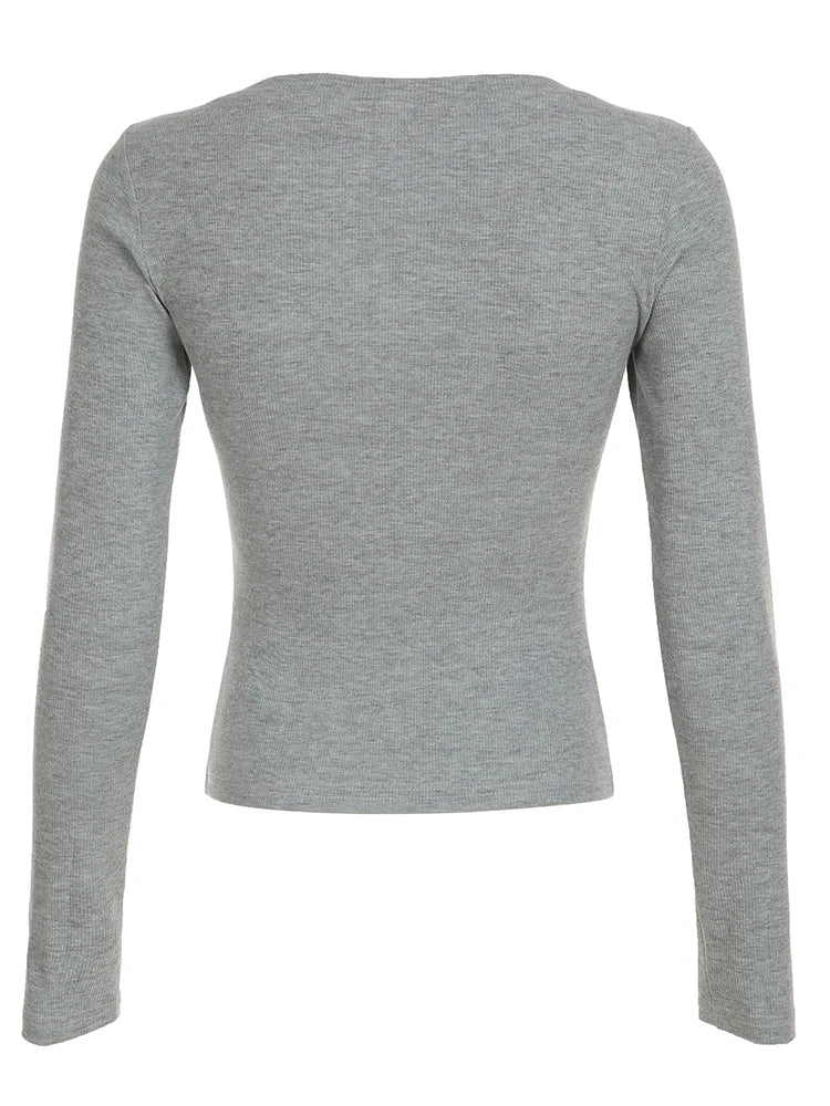 Graphic Slim Top Tee Long Sleeve Crewneck Grey Fairycore Shirt
