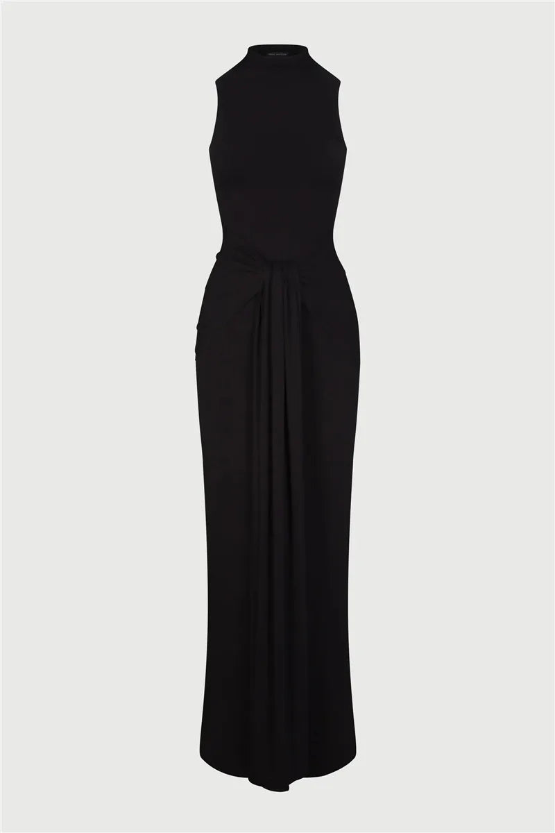 Half High Collar Irregular Tank Dress Sleeveless Bodycon Ruched Long Dress