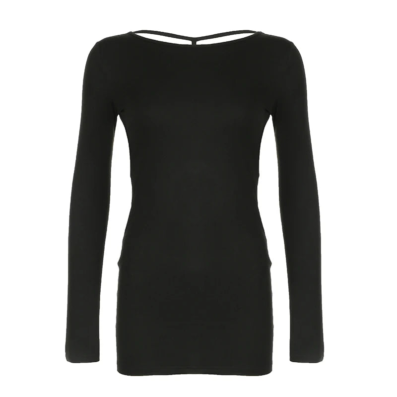 Backless Bodycon Dress Long Sleeves Crewneck Pullovers Eveing Dress