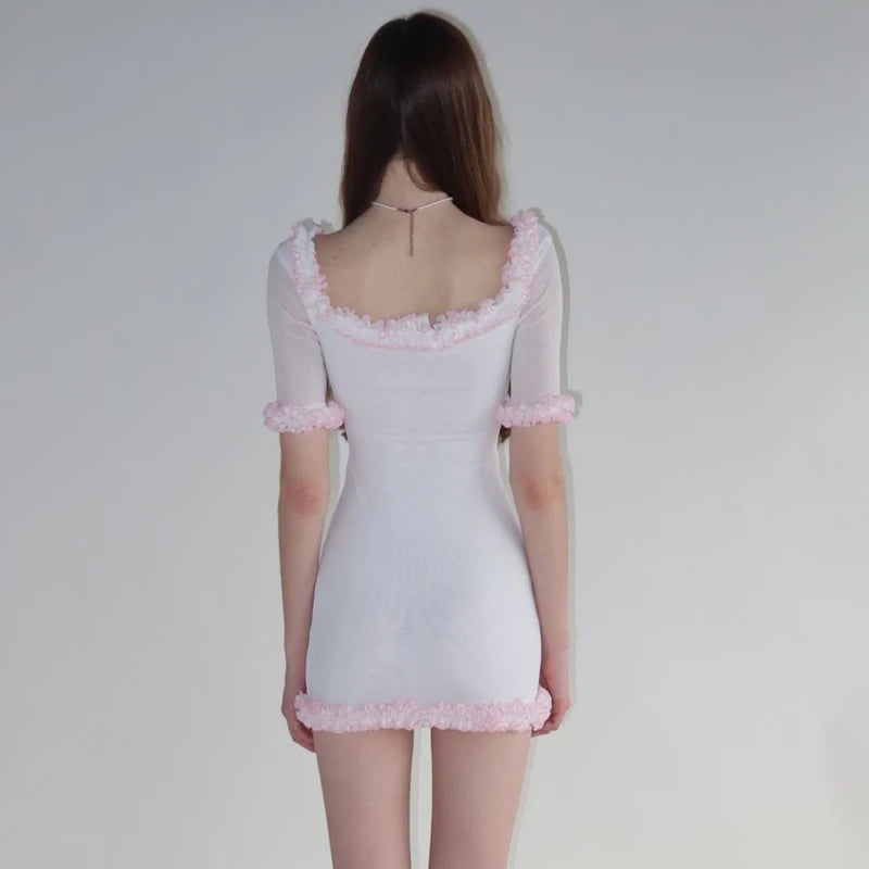 White Short Sleeve Ruffle Bodycon Mini Dress