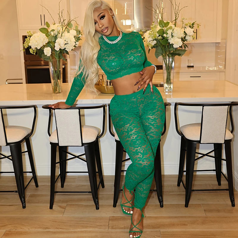 Lace See Through Long-Sleeve Crop Top Pencil Pant Cut Out See-Through Set