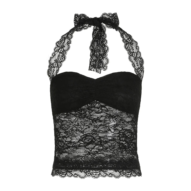 Lace Patchwork Camisoles Backless Transparent Slim Halter Neck Top