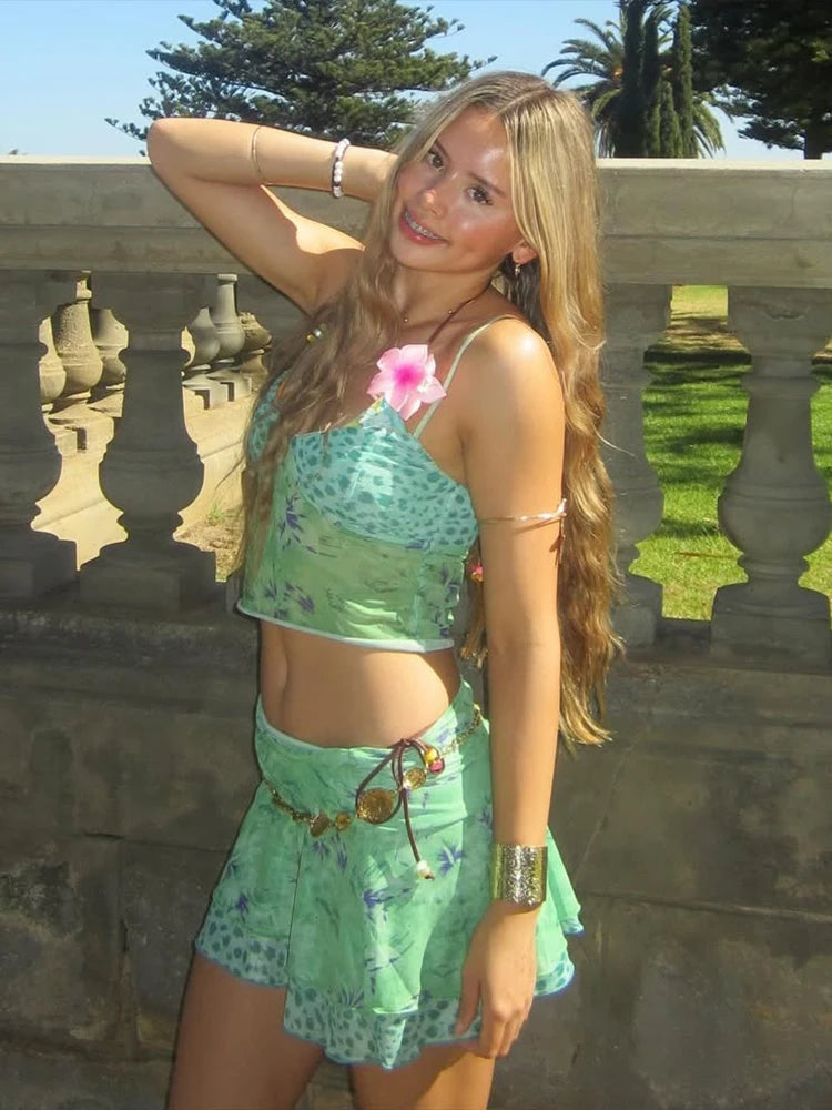 Mesh Set Low Neck Backless Camis Matching Hip Skirts Suit