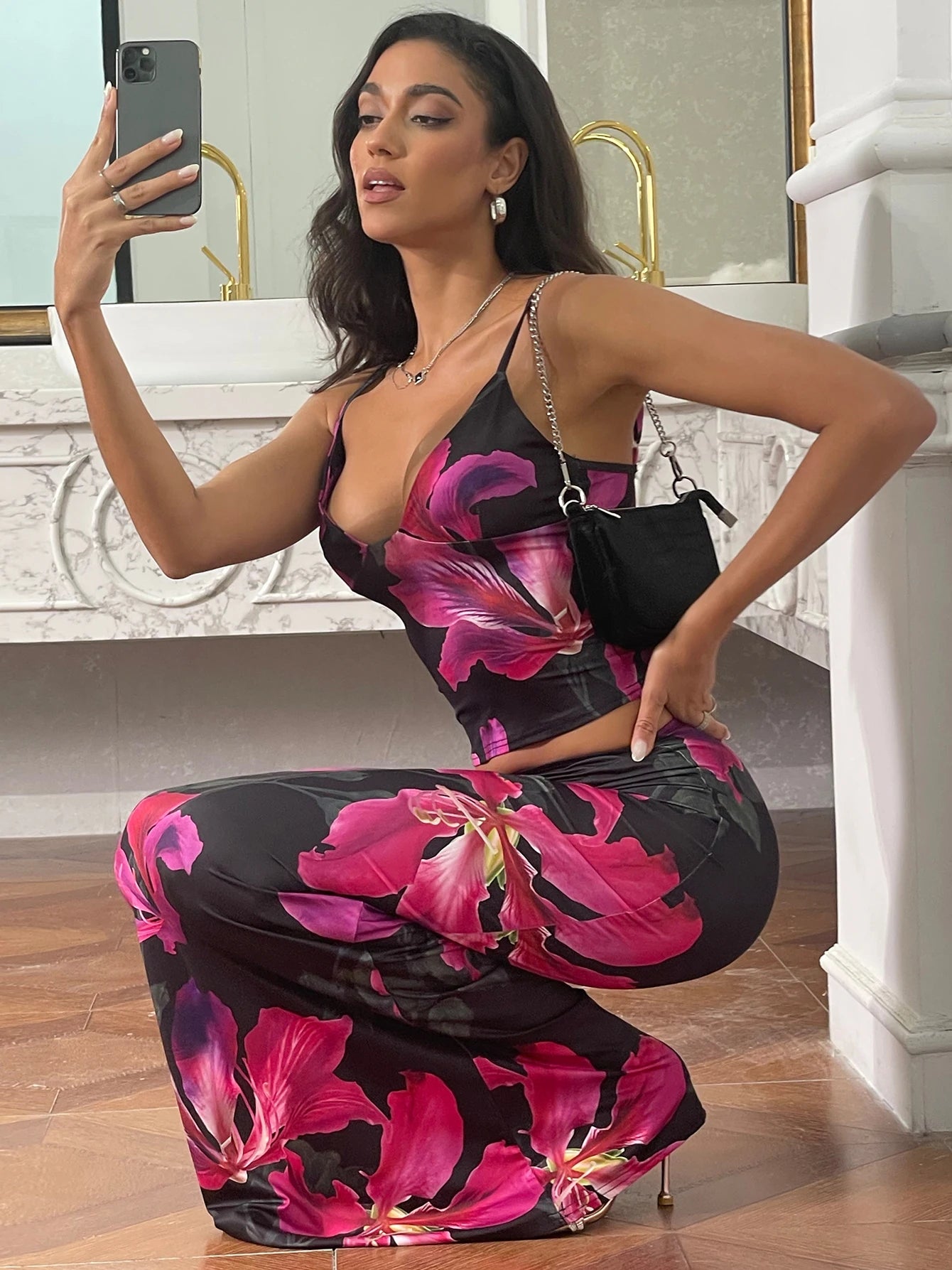 Matching Suit Floral Top Midi Skirt Set