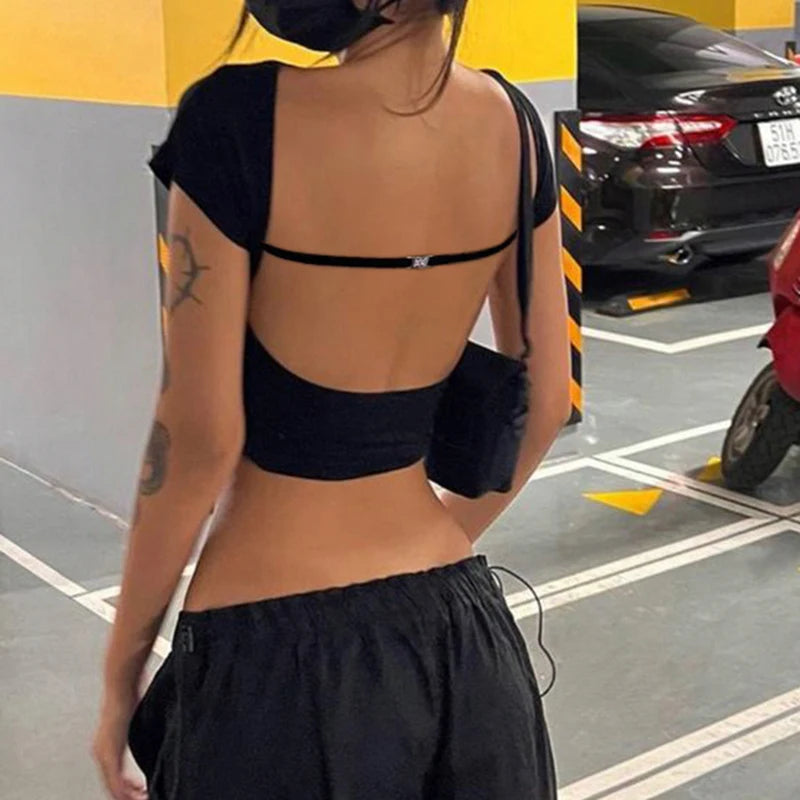 Backless Short Sleeves Crop Top Crewneck Black Slim Slim 's