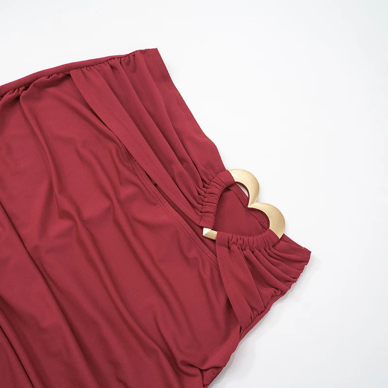 Color Slim Hollow Out Love Metal Design Set Hanging Neck Backless Top Package Hip Skirt Sets