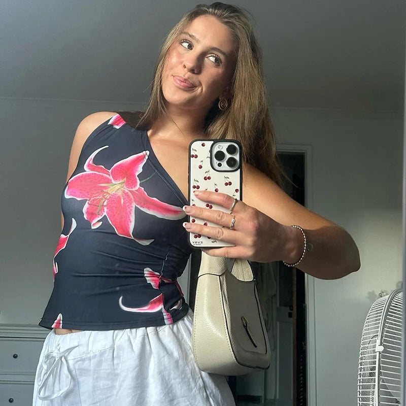 Floral Fitt Top Reort Graphic Tee One Shoulder Slah Backless Tank Top