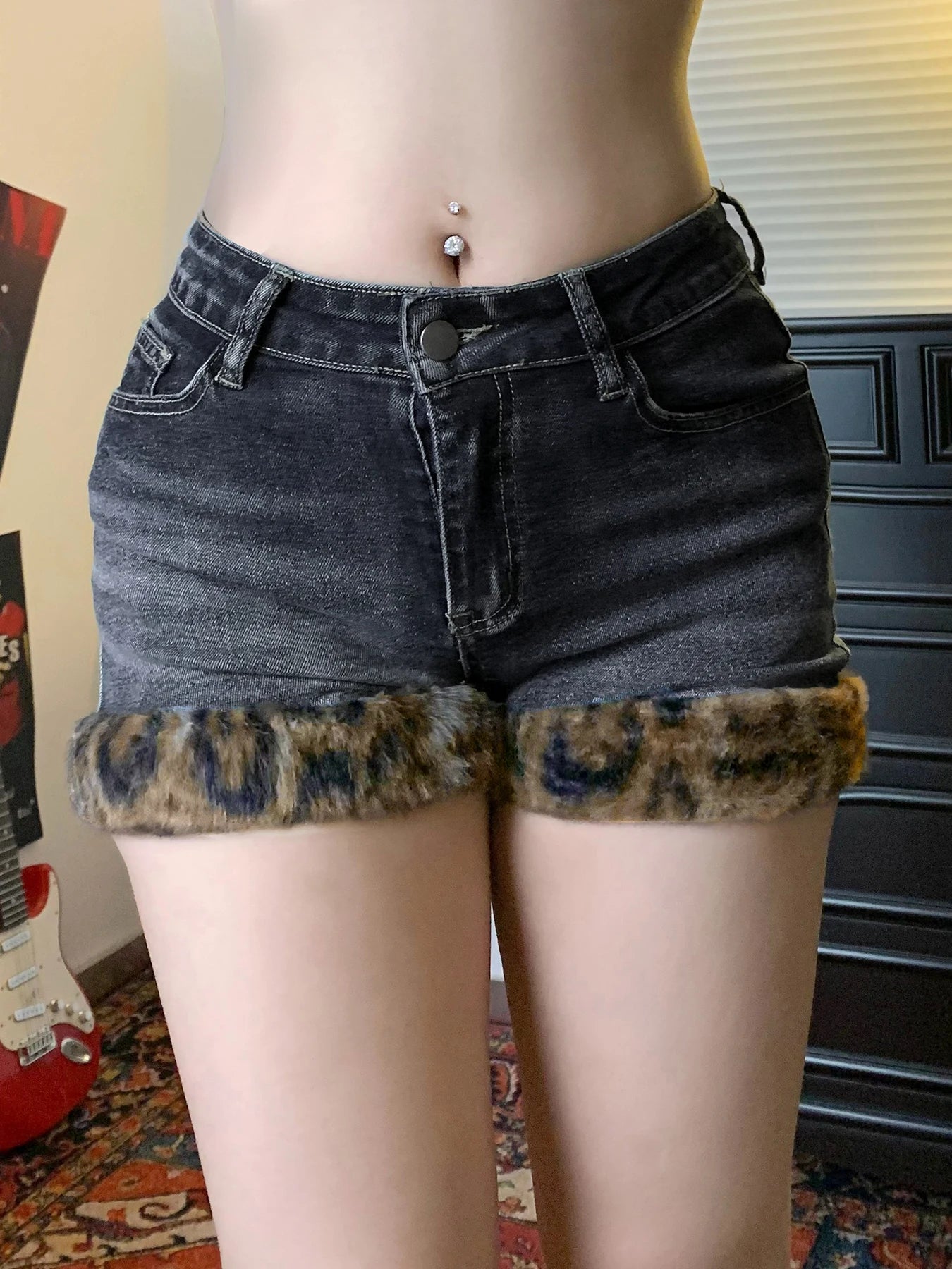 Low Waisted Button Up Mini Shorts Leopard Print Fur Patchwork Bottoms
