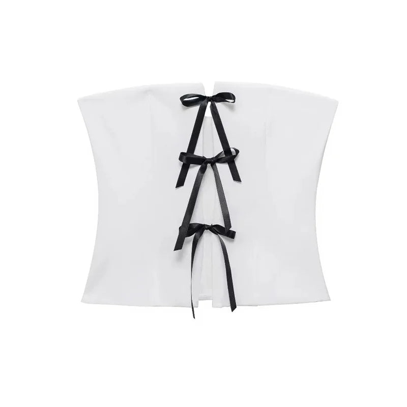 Off Shoulder Corset Top Bow Ties Cut Out White Crop Top Sleeveless Backless Tube Tops Short Tops