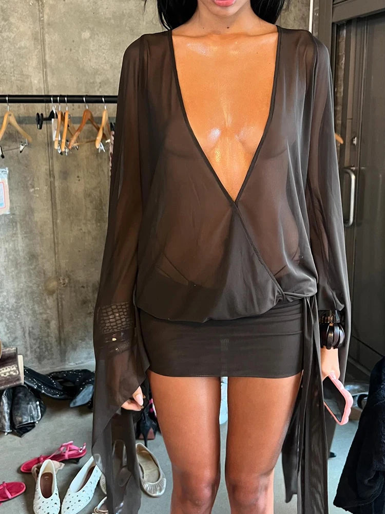 Above Knee Mini Dress Slim Cleavage Backless Tranparent Dress