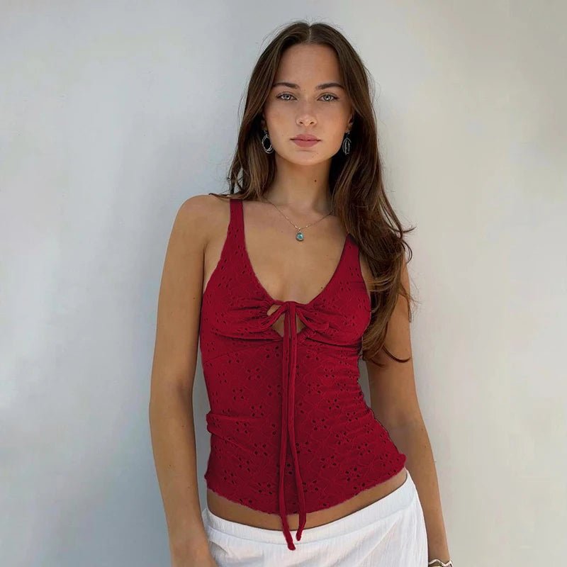 Lace-up Color Hole Top Slim Knitted Top