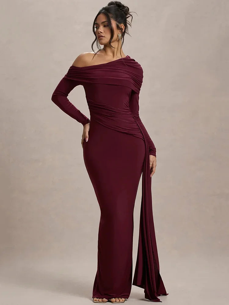 Skew Collar Long Sleeve Maxi Dress Gown Backless Draped Ruched Bodycon Long Dress