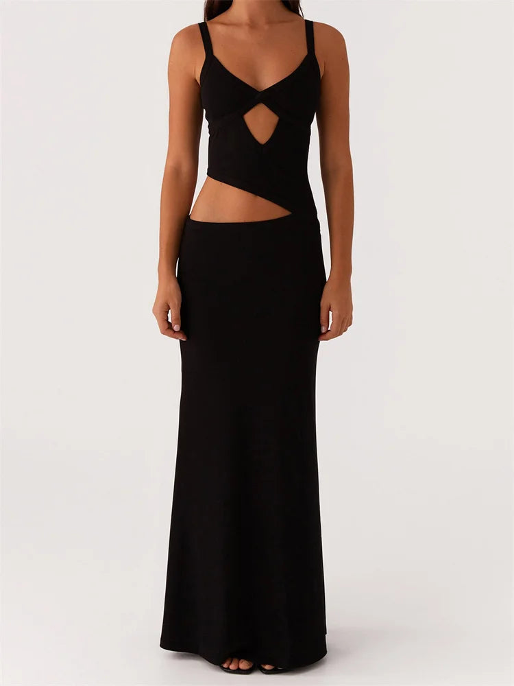 Dress Sleeveless Strap V-neck Backless Waist Front Hollow Out Dress Cocktail