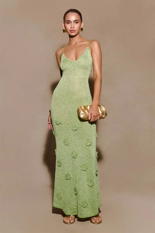 Knitted Backless 3D Flowers Dress Green Spaghetti Strap Long Dress
