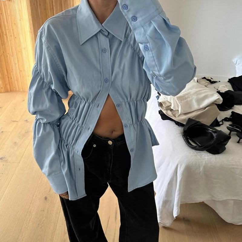 Blouse Tops Ladies Shirt Scrunched Button Up Long Sleeve Turn Down Collar T-shirt