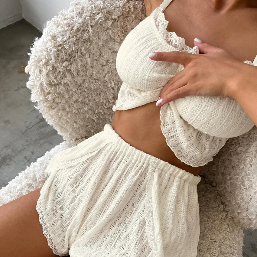 Lace Patchwork Pajamas Sets Hollow Out Crop Top Sleep Spaghetti Strap Night Shorts Nightie Suits