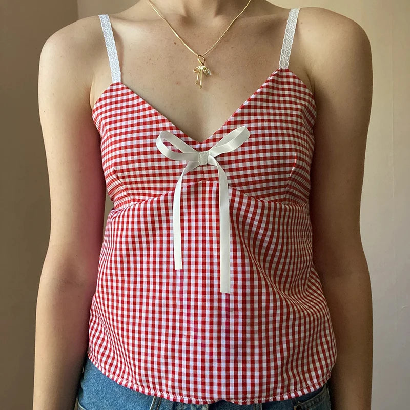 Plaid Print V-neck Camisole Bow Top Sleeveless