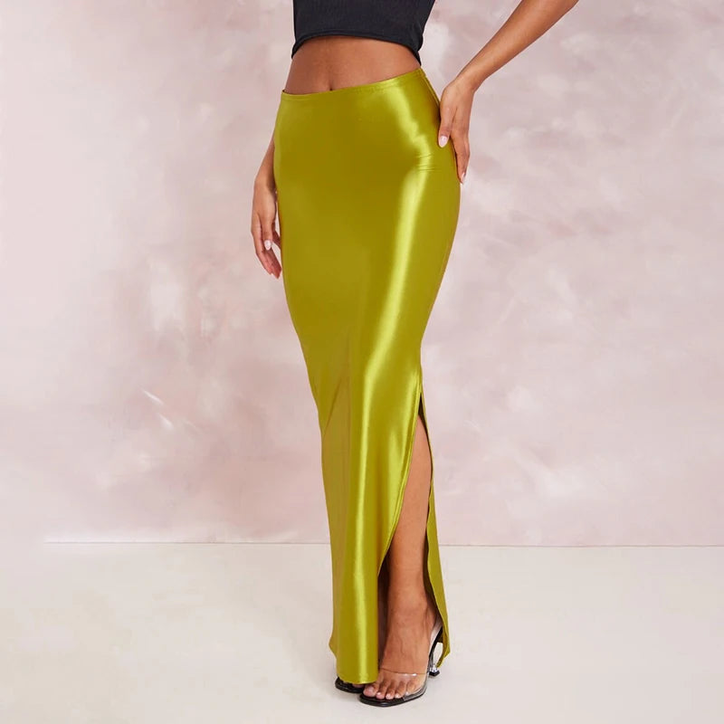Stain Long Skirt Wait Side Split Maxi Skirt