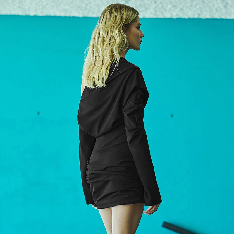 Oblique Collar Dress Straple Wait Long Sleeve Short Dress