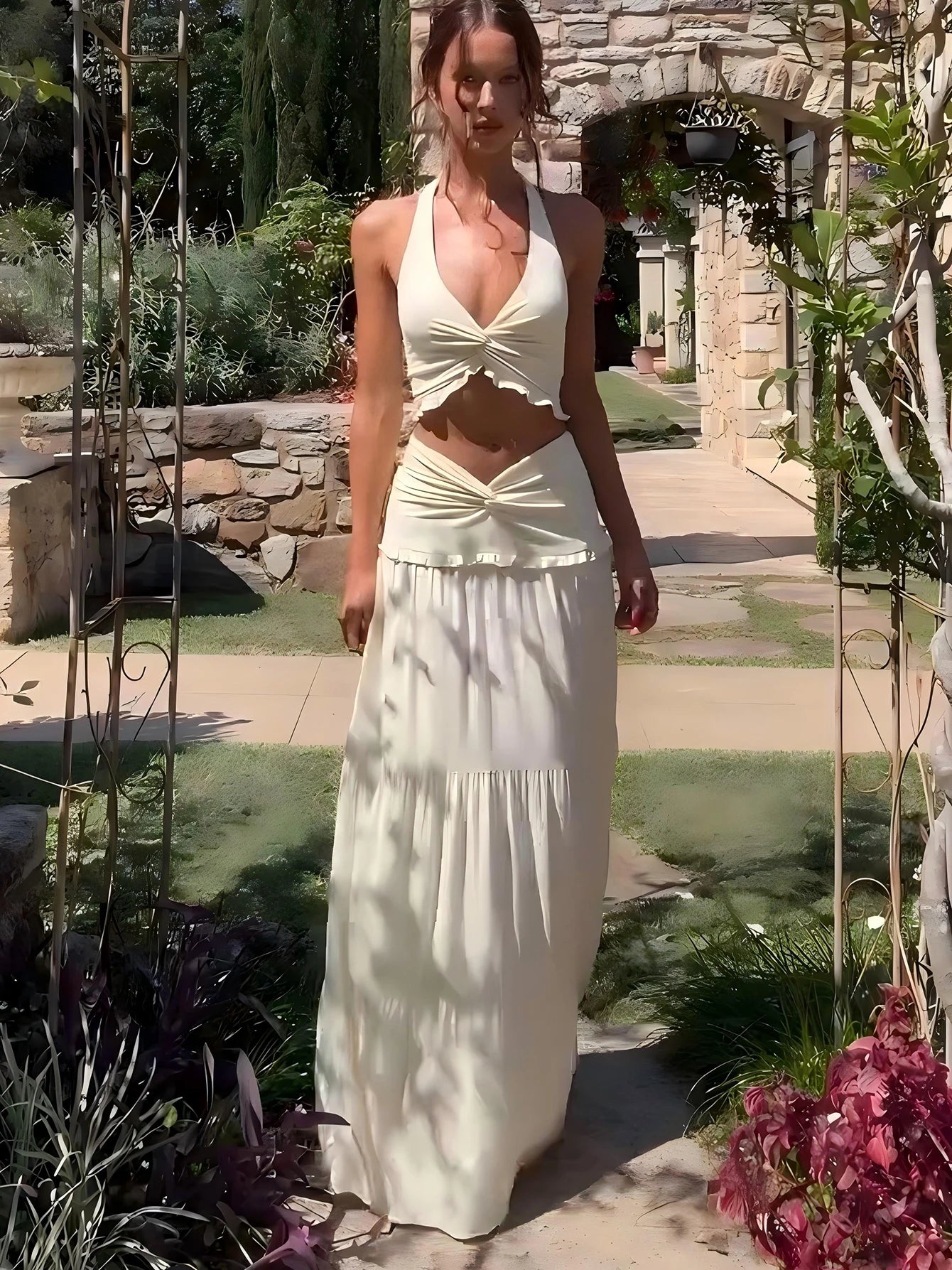 Ruched Ruffles Patchwork Two Piece Set