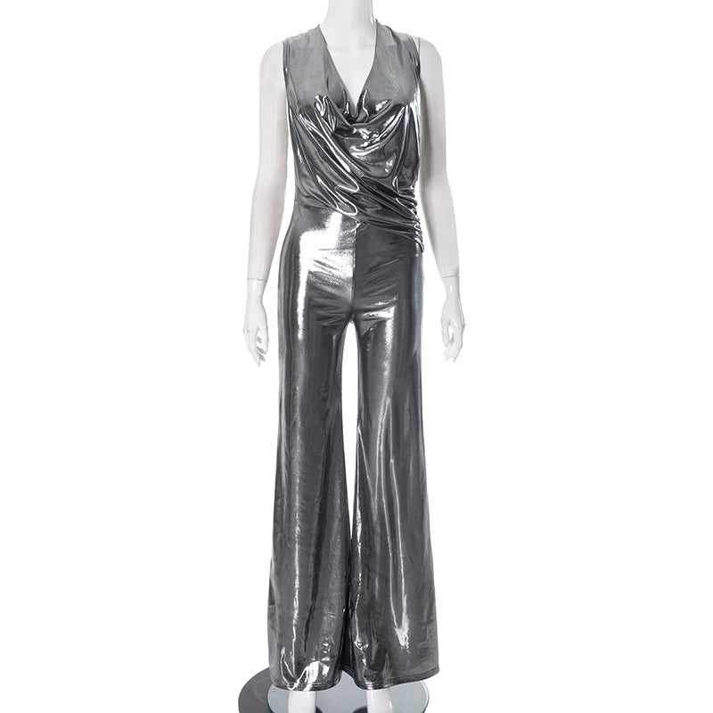 Metallic Jumpuit Micro Swing Collar Hanging Neck Strap Sleevele Big Backless One-Piece Flar Pant