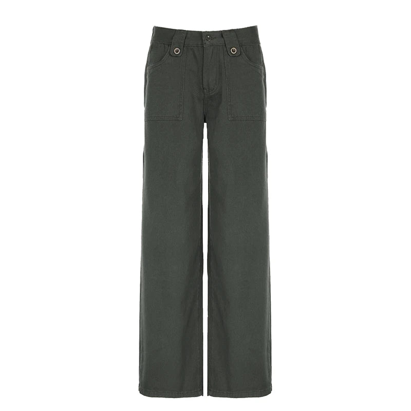 Retro Denim Cargo Pants Low Waisted Jeans Pockets Cotton Bottoms