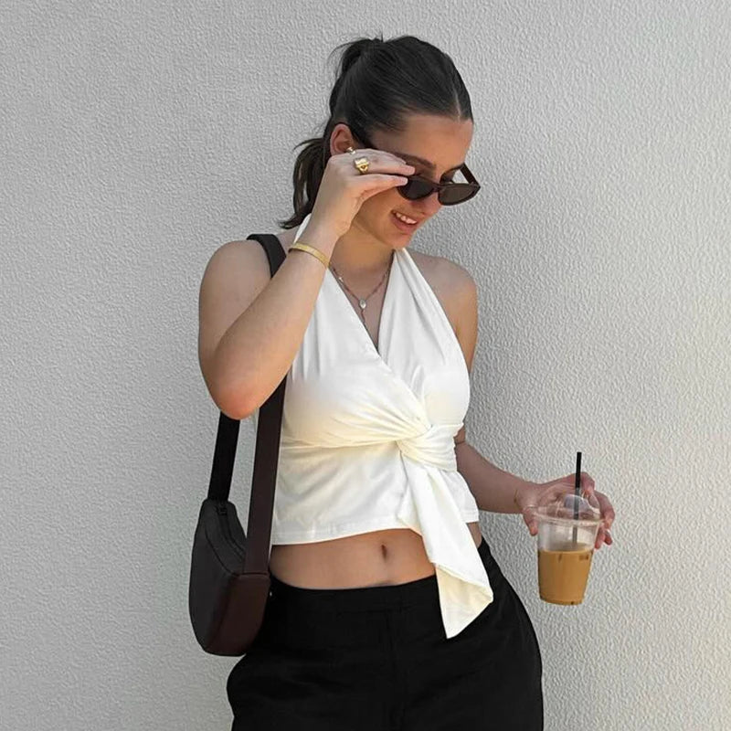V-Neck Neckline Backless Straple Slim Irregular Twit Top