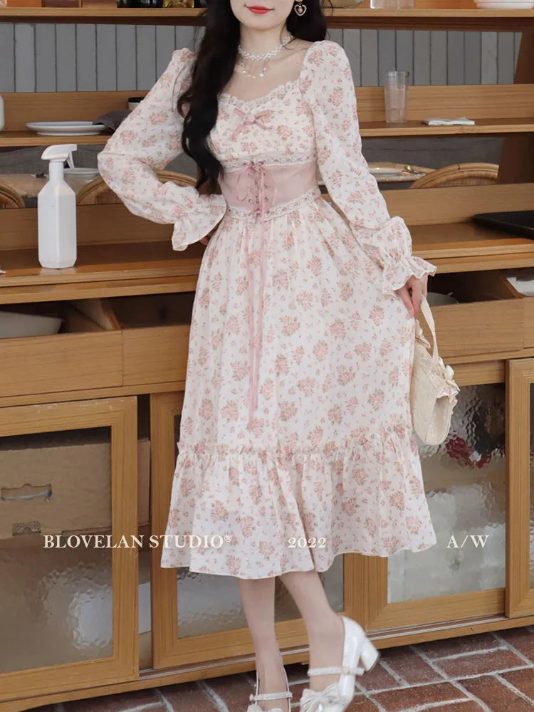 Spring Pink Floral Dress Bandage Lace Print Dress Puff Sleeve Kawaii Dress Princess Fairy