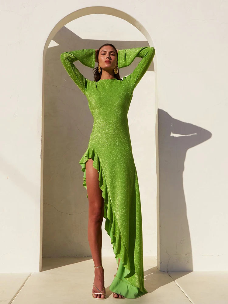 Backless Bright Silk Shiny Maxi Dress Green Long Sleeve Dress