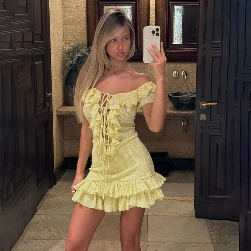 Yellow Ruffled Off Shoulder Short Dress