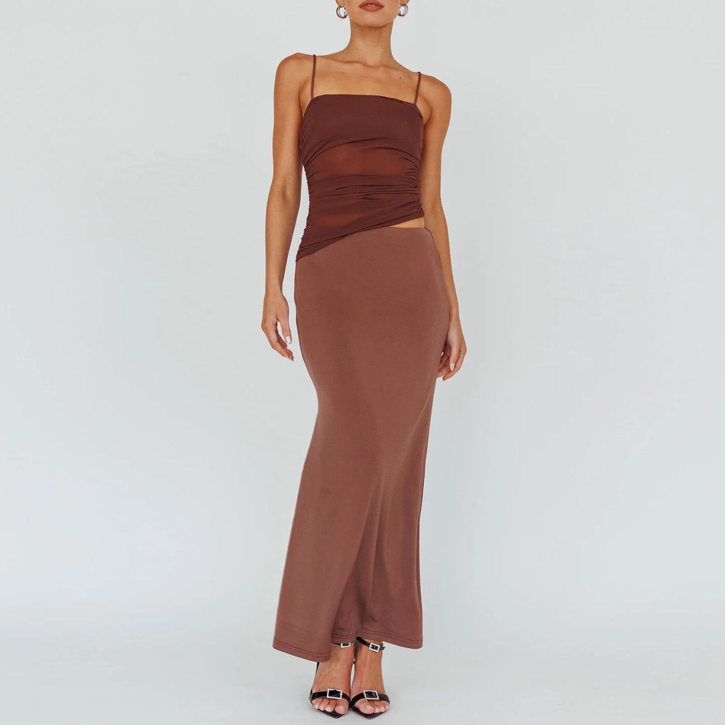 2 Piece Skirts Color Mesh Irregular Sleeveless Cami Top Long Skirts Set