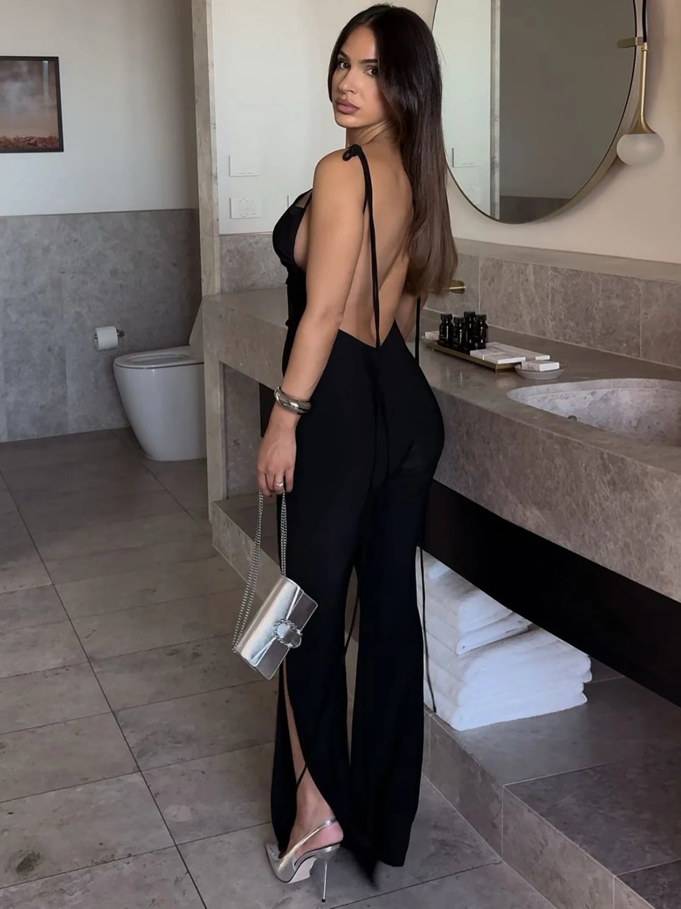 Backless Halter Lace Up Irregular Split Long Pants Jumpsuit
