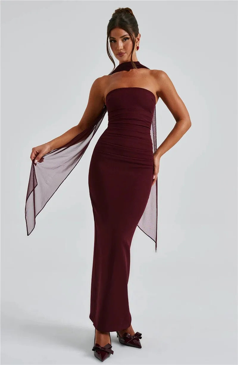 Scarf Collar Backless Bodycon Maxi Dress