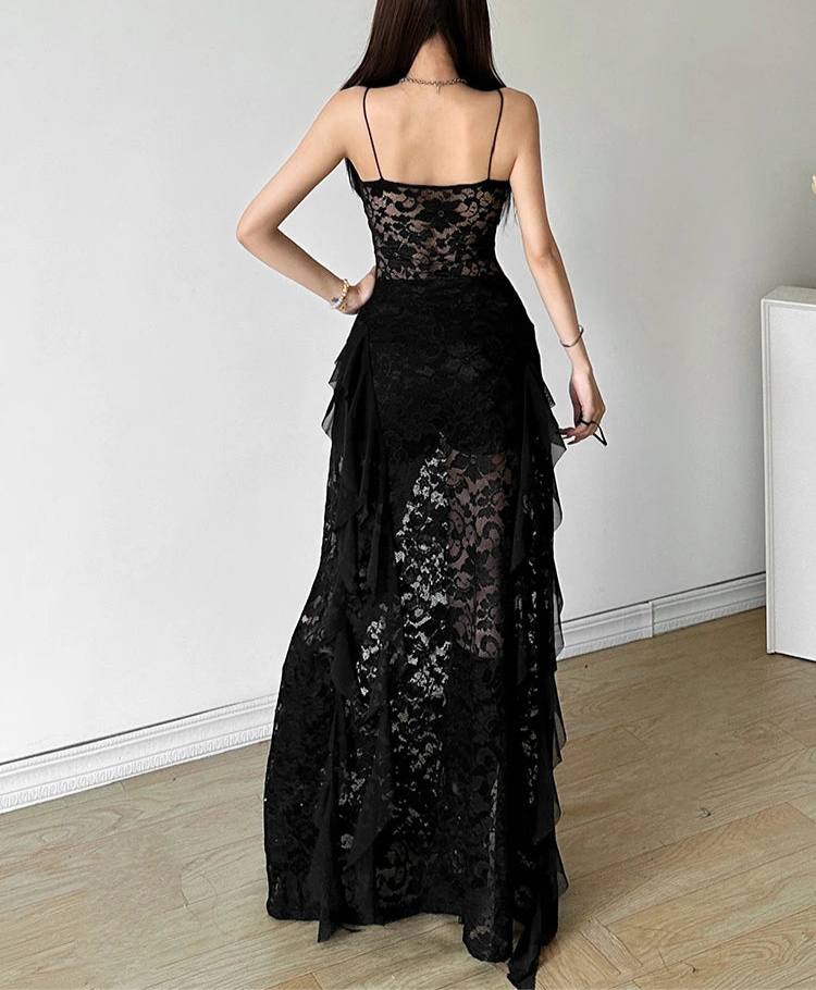 Black See Through Lace Slit Maxi Dress