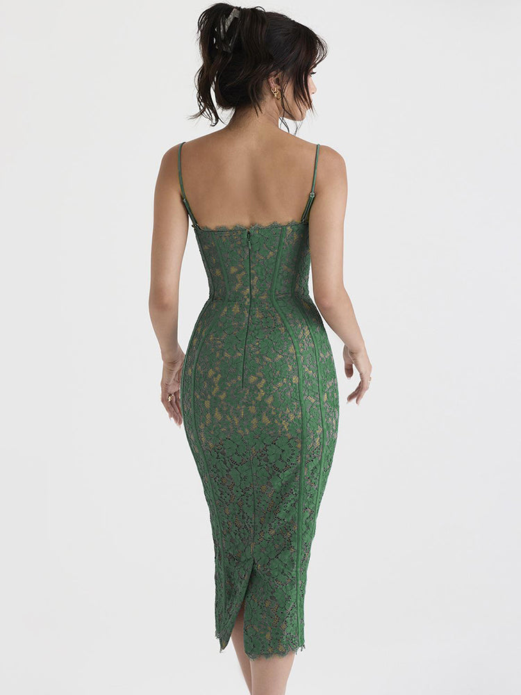 Green V-Neck Midi Dress