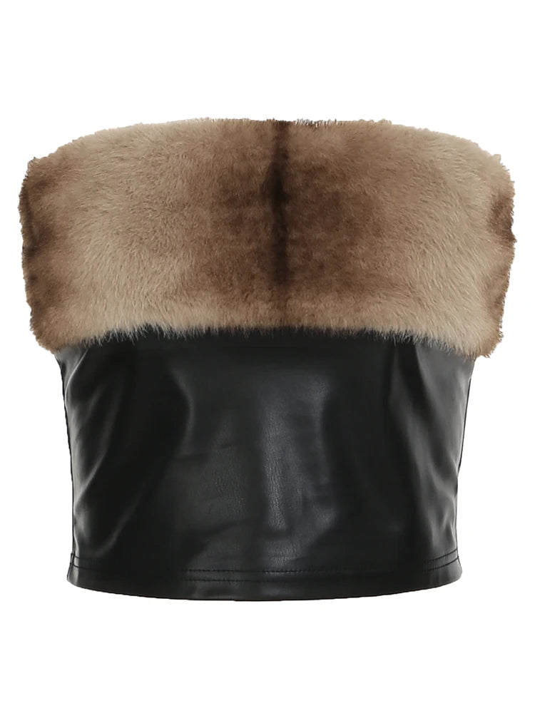 Furry Two Pieces of Sets Backless Strapless and Mini Skirts Slim PU Cloth