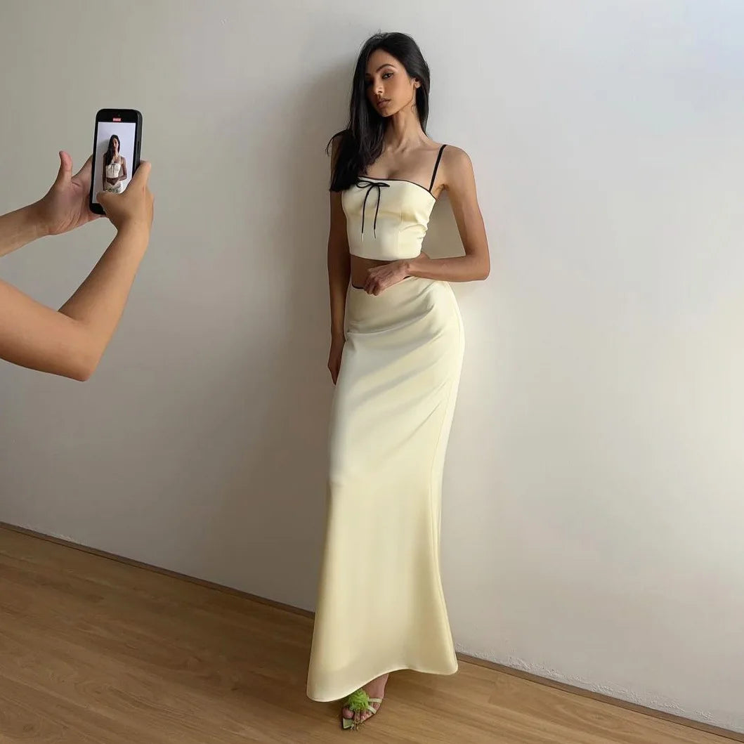 Apricot Satin Backless Crop Top and Midi Skirt Two Piece Set