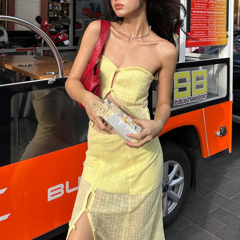 Yellow Strapless Crop Top and High Waist Midi Skirt Set