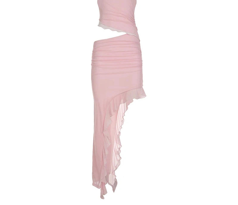 Hollow Out Mesh Dress Ruffles Slash Neck Sleeveless Maxi Dress