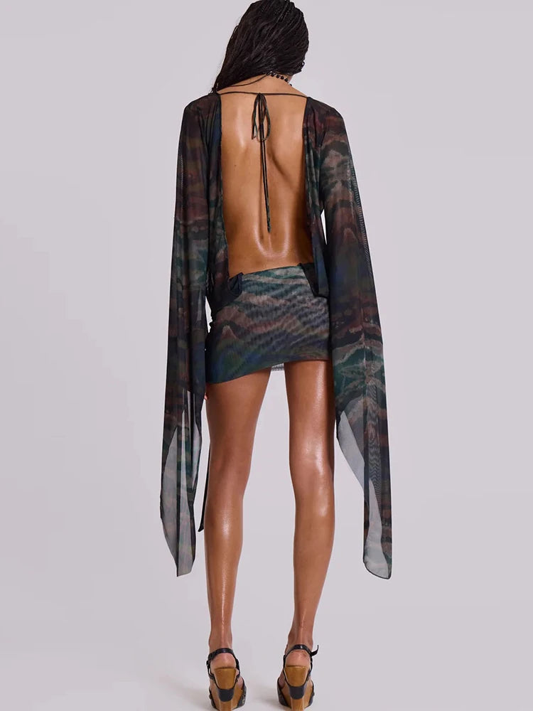 Meh Swinging Neck Cleavage Mini Dress Long Sleeve Backless Aymmetrical Attire